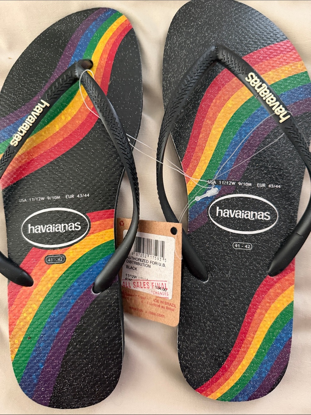 Havaianas Black Flip Flops with Rainbow Stripes